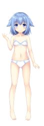 Rule 34 | 1girl, absurdres, bare arms, bare shoulders, barefoot, blue eyes, blue hair, blush, bow, bow bra, bow panties, bra, breasts, closed mouth, collarbone, commentary, copyright request, full body, hair flaps, hand up, highres, navel, panties, pointy ears, sakuraba hikaru (loveindog), simple background, small breasts, smile, solo, standing, underwear, underwear only, unfinished, white background, white bra, white panties
