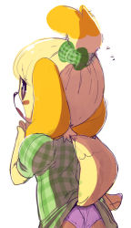 Rule 34 | 1girl, animal crossing, animal ears, ass, blonde hair, blue eyes, blush stickers, checkered clothes, checkered dress, dog ears, dog girl, dog tail, dress, embarrassed, furry, furry female, isabelle (animal crossing), nintendo, panties, pantyshot, puffy short sleeves, puffy sleeves, sho-n-d, short hair, short sleeves, solo, standing, tail, tail raised, topknot, underwear