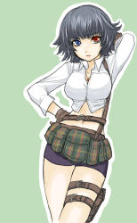 Rule 34 | 1girl, ahoge, bike shorts, black hair, blue eyes, breasts, commentary request, devil may cry (series), devil may cry 3, gloves, heterochromia, highres, lady (devil may cry), medium hair, navel, pouch, red eyes, scar, solo, thigh strap