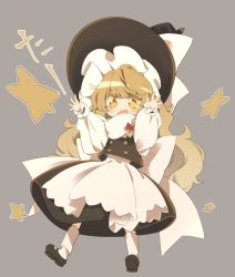 Rule 34 | 1girl, apron, arms up, bad id, bad twitter id, black footwear, black hat, black skirt, black vest, blonde hair, bow, braid, commentary request, full body, grey background, hair bow, hat, kirisame marisa, long hair, long sleeves, meji aniki, open mouth, red bow, shirt, shoes, simple background, single braid, skirt, socks, solo, star (symbol), touhou, turtleneck, vest, waist apron, white shirt, white socks, witch hat, yellow eyes