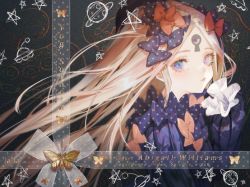 Rule 34 | 1girl, abigail williams (fate), text background, black dress, blonde hair, blue eyes, bow, bug, butterfly, character name, copyright name, dress, fate/grand order, fate (series), hair bow, heterochromia, insect, keyhole, long hair, looking at viewer, multicolored eyes, multiple hair bows, orange bow, ota (ota-0000), parted bangs, purple bow, purple eyes, sleeves past wrists, solo, upper body, very long hair