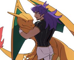 Rule 34 | 1boy, champion uniform, charizard, claws, closed eyes, closed mouth, creatures (company), dark-skinned male, dark skin, facial hair, fang, fang out, fire, flame-tipped tail, game freak, gen 1 pokemon, highres, holding, holding pokemon, leggings, leon (pokemon), long hair, male focus, morio (poke orio), nintendo, open mouth, pokemon, pokemon (creature), pokemon swsh, purple hair, shirt, short shorts, short sleeves, shorts, simple background, smile, tongue, white background, white legwear, white shorts, white wristband, yellow eyes