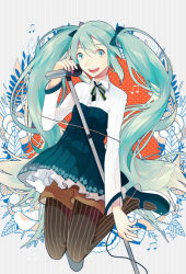 Rule 34 | 1girl, aqua eyes, bad id, bad pixiv id, dress, fen renlei, hatsune miku, long hair, mary janes, microphone, microphone stand, open mouth, pantyhose, pantyhose under shorts, shoes, shorts, shorts under dress, shorts under skirt, solo, striped clothes, striped pantyhose, twintails, vertical-striped clothes, vertical-striped pantyhose, very long hair, vocaloid