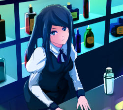 Rule 34 | alcohol, bar (place), bartender, bottle, cocktail shaker, cyberpunk, highres, jill stingray, liquor, looking at viewer, pantyhose, shaker, skirt, solo, twintails, va-11 hall-a