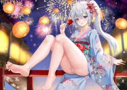 Rule 34 | 1girl, absurdres, barefoot, blush, candy apple, feet, festival, fireworks, food, grey eyes, highres, japanese clothes, kimono, long hair, looking at viewer, open mouth, panties, pantyshot, side ponytail, silver hair, soles, toes, underwear, yukata
