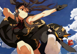 Rule 34 | 1girl, bare shoulders, bird, black hair, breasts, brown eyes, caee penguin, china dress, chinese clothes, cloud, dress, earrings, fighting stance, gloves, hairband, highres, jewelry, long hair, original, penguin, sky, solo, twintails