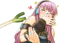 Rule 34 | 1girl, anger vein, blue nails, covering own mouth, fingernails, headset, itou (onsoku tassha), long hair, megurine luka, nail polish, pink hair, solo, spring onion, tears, translated, upper body, vocaloid