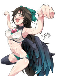 Rule 34 | 1girl, :d, abs, armpits, bird wings, black thighhighs, black wings, bow, brown eyes, brown hair, commentary request, covered erect nipples, green bow, hair bow, highres, long hair, looking at viewer, open mouth, reiuji utsuho, simple background, single thighhigh, smile, solo, sports bikini, thighhighs, third eye, touhou, turtleneck, uguisu (happy turn), v-shaped eyebrows, white background, wings