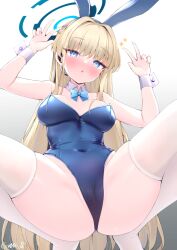 Rule 34 | 1girl, animal ears, ass, bare shoulders, barefoot, blonde hair, blue archive, blue bow, blue bowtie, blue eyes, blue leotard, bow, bowtie, breasts, cameltoe, cleft of venus, covered navel, detached collar, double w, fake animal ears, from below, gmkj, gradient background, halo, hands up, headset, highleg, highleg leotard, highres, leotard, long hair, looking at viewer, m legs, medium breasts, microphone, open mouth, playboy bunny, rabbit ears, simple background, solo, spread legs, squatting, thighhighs, toki (blue archive), w, white thighhighs, wrist cuffs