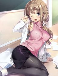 Rule 34 | 1girl, absurdres, arm support, blush, breasts, brown hair, chalkboard, classroom, dengeki moeou, fingernails, highres, indoors, lab coat, large breasts, long hair, long sleeves, lying, miniskirt, off shoulder, on side, one eye closed, open mouth, pantyhose, papers, purple eyes, ribbed sweater, sandals, scan, shiny clothes, sidelocks, skirt, sleeveless, sleeveless turtleneck, solo, sweater, turtleneck, turtleneck sweater, yuuki hagure