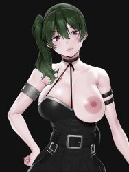 Rule 34 | 1girl, absurdres, arm strap, armlet, bare shoulders, belt, belt buckle, between breasts, black background, black belt, black dress, breasts, buckle, choker, closed mouth, commentary request, dress, green hair, hair between eyes, hand on own hip, highres, large breasts, long hair, looking at viewer, o-ring, o-ring choker, one breast out, purple eyes, side ponytail, simple background, solo, sousou no frieren, strap between breasts, ubel (sousou no frieren), upper body, yesman