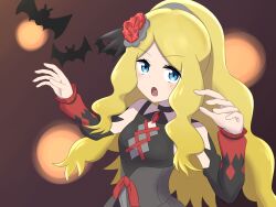 Rule 34 | absurdres, bare shoulders, bat (animal), black dress, blonde hair, blue eyes, caitlin (fall 2021) (pokemon), caitlin (pokemon), creatures (company), detached sleeves, dress, game freak, hair ornament, halloween, highres, long hair, looking at viewer, massuru (tai02you), nintendo, official alternate costume, official alternate hairstyle, open mouth, pokemon, pokemon masters ex, ponytail, upper body, very long hair