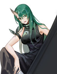 Rule 34 | 1girl, :d, absurdres, almond (gun), arknights, arm ribbon, bare arms, bare shoulders, black dress, black ribbon, breasts, dress, feet out of frame, green hair, grey eyes, hair between eyes, highres, horns, hoshiguma (arknights), large breasts, long hair, looking at viewer, open mouth, ribbon, simple background, single horn, sleeveless, sleeveless dress, smile, solo, white background