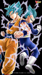 Rule 34 | 10s, 2boys, back-to-back, black background, blue eyes, blue hair, boots, dougi, dragging, dragon ball, dragon ball super, fighting stance, gloves, highres, looking at viewer, looking back, multiple boys, official art, serious, short hair, son goku, spiked hair, super saiyan, super saiyan blue, toyotaro, vegeta