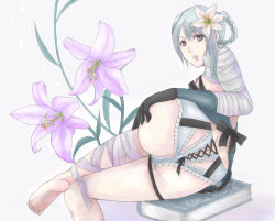 Rule 34 | 1girl, artist request, ass, ass grab, bandages, book, braid, butt crack, flower, frilled panties, frills, from behind, gloves, hair flower, hair ornament, hand on ass, kaine (nier), lily (flower), lips, looking at viewer, looking back, lying, nier, nier (series), panties, short hair, grey eyes, silver hair, solo, underwear