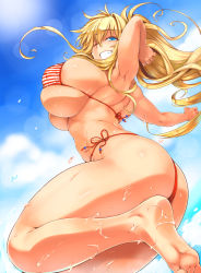 Rule 34 | 1girl, armpits, arms up, ass, barefoot, bikini, blonde hair, blue eyes, breasts, commentary request, curvy, grin, huge breasts, leg lift, long hair, looking at viewer, looking down, midair, one eye closed, original, raised eyebrows, red bikini, side-tie bikini bottom, sideboob, skindentation, smile, soles, solo, striped bikini, striped clothes, swimsuit, tabigarasu (mahjong yuugen gaisha 58), thick thighs, thighs, water