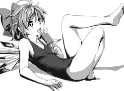 Rule 34 | 1girl, arm support, bow, cirno, curry man, food, greyscale, hair bow, lying, monochrome, on back, one-piece swimsuit, open mouth, popsicle, short hair, solo, swimsuit, tongue, tongue out, touhou, wings