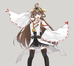 Rule 34 | 10s, 1girl, ahoge, bare shoulders, blush, boots, brown hair, detached sleeves, double bun, frilled skirt, frills, gloves, hairband, japanese clothes, kantai collection, kongou (kancolle), long hair, looking at viewer, open mouth, personification, purple eyes, ribbon-trimmed sleeves, ribbon trim, skirt, solo, thigh boots, thighhighs, wide sleeves, yuki (nanao yuki), zettai ryouiki