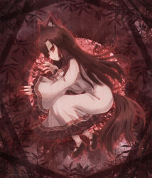 Rule 34 | 1girl, animal ears, artist name, bamboo, brown hair, dress, fingernails, highres, hikari niji, imaizumi kagerou, long hair, long sleeves, mary janes, moon, red eyes, red moon, red theme, shoes, solo, tail, touhou, watermark, white dress, wide sleeves, wolf ears, wolf tail
