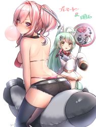 Rule 34 | 2girls, absurdres, ahoge, air pump, akashi (azur lane), animal ears, arrow (symbol), ass, azur lane, bare shoulders, bell, bikini, bikini under clothes, black shorts, blue hair, blush, breasts, bremerton (azur lane), blowing bubbles, cat ears, chewing gum, choker, dress, gem, green hair, hair between eyes, hair ornament, hairclip, highres, holding, holding sign, inflatable toy, jingle bell, large breasts, long hair, looking at viewer, looking back, multicolored hair, multiple girls, neck bell, open mouth, pink bikini, pink eyes, pink hair, red gemstone, red neckwear, short shorts, shorts, sideboob, sign, simple background, sitting, skindentation, sleeves past wrists, smile, sparkle, streaked hair, swimsuit, thighhighs, thighs, twintails, very long hair, very long sleeves, whale tail (clothing), white dress, yellow eyes, yufukiri