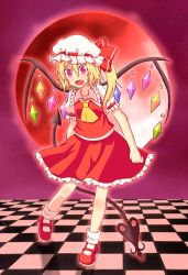 Rule 34 | 1girl, bad id, bad pixiv id, blonde hair, bow, checkered floor, fang, flandre scarlet, floor, full moon, hat, laevatein, moon, open mouth, red eyes, red moon, ribbon, short hair, side ponytail, smile, solo, touhou, wings, ximsol182, yaya-9 (ximsol)