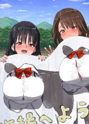 Rule 34 | 2girls, :d, black hair, blue sky, bow, bowtie, bra, breasts, brown eyes, brown hair, button gap, cloud, commentary request, day, double v, fang, kaisen chuui, large breasts, looking at viewer, multiple girls, open mouth, original, outdoors, red bow, red bowtie, school uniform, shirt, sky, smile, underwear, v, white shirt