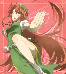 Rule 34 | 1girl, alternate eye color, bandages, chinese clothes, fighting stance, hat, hong meiling, kung fu, long hair, nobamo pieruda, open mouth, puffy short sleeves, puffy sleeves, raised eyebrow, red eyes, red hair, short sleeves, solo, touhou, touhou m-1 grand prix, very long hair