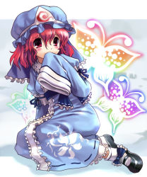 Rule 34 | 1girl, blush, bug, butterfly, covering own mouth, female focus, full body, hand over own mouth, hat, insect, japanese clothes, katahira masashi, kimono, mary janes, mob cap, pink hair, red eyes, ribbon, saigyouji yuyuko, shoes, short hair, sitting, sleeves past wrists, smile, socks, solo, touhou