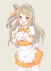 Rule 34 | 10s, 1girl, :d, apron, brown eyes, cowboy shot, frills, grey hair, hair ribbon, heart, heart hands, long hair, looking at viewer, love live!, love live! school idol festival, love live! school idol project, maid, maid apron, meito (maze), minami kotori, one side up, open mouth, ribbon, smile, solo, thighhighs, waist apron