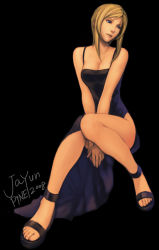 Rule 34 | 1girl, aya brea, bare shoulders, blonde hair, blue eyes, breasts, cleavage, collarbone, commentary, dress, highres, jayun, large breasts, looking away, parasite eve, parasite eve ii, sandals, sitting, solo