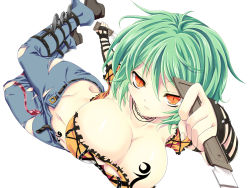 Rule 34 | 10s, 1girl, breasts, cleavage, denim, expressionless, green hair, highres, hikage (senran kagura), jeans, knife, large breasts, looking at viewer, pants, senran kagura, short hair, simple background, solo, tattoo, torn clothes, weapon, white background, yellow eyes