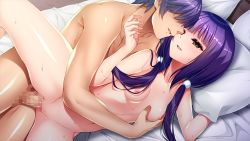 Rule 34 | 1boy, 1girl, :d, bed sheet, grabbing another&#039;s breast, breasts, censored, collarbone, completely nude, couple, game cg, grabbing, grabbing from behind, hair over shoulder, half-closed eyes, hetero, ichikawa noa, indoors, kousuke (ore to nakayoshi shimai no inma na himitsu), leg up, long hair, low twintails, lying, mosaic censoring, nipples, nude, on side, open mouth, ore to nakayoshi shimai no inma na himitsu, penis, pillow, purple hair, saya (ore to nakayoshi shimai no inma na himitsu), sex, sex from behind, short hair, small breasts, smile, sweatdrop, twintails, vaginal, very long hair, yellow eyes