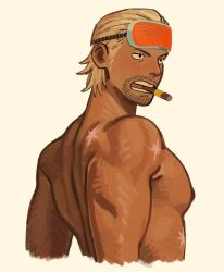 Rule 34 | 1boy, back, bara, beard stubble, blonde hair, cigar, cropped torso, dark-skinned male, dark skin, facial hair, goggles, goggles on head, hair slicked back, highres, jakkenpoy, looking ahead, male focus, medium hair, mouth hold, muscular, muscular male, mustache stubble, nipples, one piece, open mouth, orange-tinted eyewear, paulie, pectorals, scar, scar on back, scar on chest, scar on shoulder, simple background, solo, stubble, tinted eyewear, topless male, yellow background