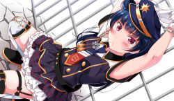 Rule 34 | 1girl, arms up, blue hair, blush, boots, cross-laced footwear, cuffs, dutch angle, garter straps, gloves, hair bun, handcuffs, hat, knee boots, kneeling, lace-up boots, long hair, looking at viewer, love live!, love live! sunshine!!, necktie, o3o, peaked cap, police, police uniform, purple eyes, side bun, single side bun, skirt, solo, tassel, tears, textless version, thigh strap, tipii, tsushima yoshiko, uniform, white gloves