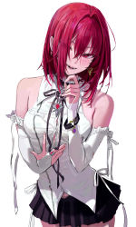 Rule 34 | 1girl, absurdres, bare shoulders, black skirt, blush, breasts, bridal gauntlets, cowboy shot, earrings, fangs, freng, hair between eyes, hair over one eye, highres, jewelry, looking at viewer, medium breasts, medium hair, open mouth, original, pleated skirt, red eyes, red hair, ribbon, shirt, skirt, sleeveless, smile, solo, vampire, white background, white ribbon, white shirt