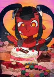 Rule 34 | 1girl, :t, black hair, borrowed character, breasts, cake, cleavage, eating, food, food on face, fork, freckles, grey shirt, hair ornament, holding, holding fork, holding knife, idkuroi, knife, meruccubus (merunyaa), mole, mole under eye, orange eyes, original, red eyes, ringed eyes, shirt, skull hair ornament, solo, strawberry shortcake, twintails