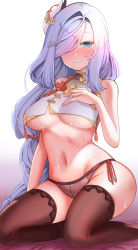 Rule 34 | 1girl, absurdres, ass, bare shoulders, black thighhighs, blue eyes, braid, breast curtain, breast curtains, breasts, closed mouth, commentary, feet out of frame, forehead, genshin impact, gold trim, gradient background, hair ornament, hair over one eye, hand on own chest, highres, kyoto mogu, large breasts, long hair, midriff, multicolored hair, navel, panties, pantyhose, parted bangs, pink hair, purple hair, seiza, shenhe (genshin impact), side-tie panties, simple background, sitting, smile, solo, sweat, tassel, thighhighs, thighs, two-tone hair, underboob, underwear