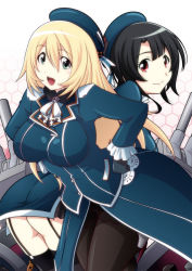 Rule 34 | 10s, 2girls, ass, atago (kancolle), beret, black gloves, black hair, black legwear, blonde hair, blouse, breasts, cannon, gloves, green eyes, hands on own hips, harada shoutarou, hat, highres, jacket, kantai collection, large breasts, long hair, looking at viewer, looking back, military, military uniform, multiple girls, open mouth, pantyhose, red eyes, shirt, short hair, skirt, smile, standing, takao (kancolle), thighhighs, tongue, turret, uniform
