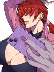 Rule 34 | 1girl, breasts, cellphone, cleavage, cleavage cutout, clothing cutout, earrings, hair over eyes, highres, jacket, jewelry, large breasts, lipstick, long hair, makeup, mattsun (lyohei), nail polish, phone, ponytail, red hair, selfie, shermie (kof), smartphone, solo, the king of fighters