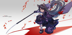 Rule 34 | 1girl, animal ears, arknights, autumn leaves, black footwear, black hair, brown eyes, character name, dog ears, dog girl, elbow gloves, english text, facial mark, fighting stance, fingerless gloves, forehead mark, full body, geta, gloves, highres, holding, holding weapon, japanese clothes, kimono, knee pads, leaf, long hair, looking at viewer, maple leaf, naginata, nian (zhanian), on one knee, open mouth, pants, polearm, puffy pants, purple gloves, purple kimono, purple pants, saga (arknights), solo, straight hair, tabi, tasuki, v-shaped eyebrows, very long hair, weapon, white legwear