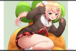 Rule 34 | 1girl, :d, blonde hair, blush, brown sweater, carrot, double v, gradient hair, green eyes, hair ornament, hairclip, highres, hololive, jampen, long hair, looking at viewer, miniskirt, momosuzu nene, momosuzu nene (casual), multicolored hair, open mouth, pink hair, plaid, plaid neckwear, plaid skirt, red footwear, red skirt, side ponytail, skirt, sleeves past wrists, smile, socks, solo, sweater, thighs, v, virtual youtuber, white socks