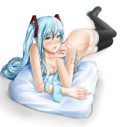 Rule 34 | 1girl, :p, aqua eyes, aqua hair, blush, breasts, head rest, cleavage, groin, hatsune miku, ke-lions so, legs, lips, long hair, lying, naughty face, necktie, on side, panties, panty pull, smile, solo, thighhighs, tongue, tongue out, twintails, underwear, very long hair, vocaloid