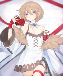 Rule 34 | 1girl, bare shoulders, blanc (neptunia), blue eyes, blush, box, breasts, brown hair, buran buta, cleavage, coat, cowboy shot, dress, expressionless, fur-trimmed coat, fur trim, gift, gift wrapping, hair between eyes, hand up, heart-shaped box, highres, holding, holding gift, long sleeves, looking at viewer, lying, neptune (series), off shoulder, on back, red ribbon, ribbon, short hair, small breasts, solo, spaghetti strap, strap slip, valentine, white coat, white dress, wide sleeves