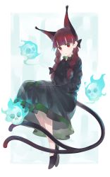 Rule 34 | 1girl, absurdres, animal ears, black bow, black footwear, bow, braid, cat ears, cat tail, character name, dress, extra ears, ghost, green dress, highres, hitodama, kaenbyou rin, multiple tails, o (crazyoton46), red eyes, red hair, simple background, sitting, skull, solo, tail, touhou, twin braids, two tails, white background