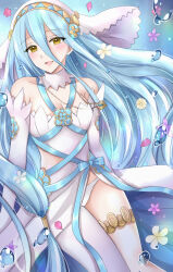 Rule 34 | 1girl, azura (fire emblem), blue hair, blush, breasts, dress, elbow gloves, fingerless gloves, fire emblem, fire emblem fates, gloves, hair between eyes, highres, jewelry, kirishima riona, long hair, looking at viewer, nintendo, open mouth, simple background, smile, solo, veil, very long hair, white dress, yellow eyes