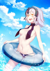Rule 34 | 1girl, :d, absurdres, bikini, bikini bottom only, black bikini, blue sky, breasts, cloud, day, fate/grand order, fate (series), headpiece, highres, jeanne d&#039;arc (fate), jeanne d&#039;arc alter (avenger) (fate), jeanne d&#039;arc alter (fate), looking at viewer, medium breasts, ocean, open mouth, shiliuyexiaohei, short hair, silver hair, sky, smile, solo, standing, swimsuit, topless, wading, yellow eyes