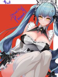 Rule 34 | 1girl, absurdres, animal ears, aonwe, apron, black dress, blue hair, blush, breasts, cat ears, character name, dress, drill hair, elbow gloves, fake animal ears, gloves, goddess of victory: nikke, highres, large breasts, light blue hair, long hair, maid, maid headdress, neck bell, official alternate costume, paw hair ornament, privaty (nikke), privaty (unkind maid) (nikke), signature, solo, thighhighs, twin drills, twintails, very long hair, white apron, white gloves, white thighhighs, yellow eyes