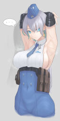 Rule 34 | ..., 1girl, absurdres, armpits, arms behind head, arms up, backless outfit, backless shirt, bare shoulders, belt, belt pouch, black belt, blue eyes, blue hat, blue necktie, blue skirt, breasts, brid (nikke), bridal gauntlets, closed mouth, collared shirt, commentary, covered navel, cropped legs, dangle earrings, earrings, garrison cap, goddess of victory: nikke, green hair, grey background, grey hair, hair between eyes, hair over one eye, hat, high-waist skirt, highres, jewelry, large breasts, long hair, long skirt, looking at viewer, low-tied long hair, low ponytail, mole, mole on breast, multicolored hair, necktie, pouch, presenting armpit, shirt, sideboob, sideless shirt, sidelocks, simple background, skirt, sleeveless, solo, spoken ellipsis, standing, steaming body, striped necktie, sweat, two-tone hair, underbust, white shirt, yamotake