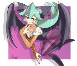 Rule 34 | 1girl, animal print, arched back, bare shoulders, bat print, bat wings, blush, breasts, bridal gauntlets, capcom, cleavage, company connection, cosplay, crossover, dated, demon girl, elbow gloves, fingerless gloves, flying, gloves, green hair, head wings, leg up, leotard, long hair, looking at viewer, looking to the side, mega man (series), mega man zx, morrigan aensland, morrigan aensland (cosplay), pandora (mega man), print legwear, purple legwear, red eyes, shoutaro saito, sidelocks, signature, smile, solo, vampire (game), wings