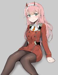 Rule 34 | 1girl, alternate breast size, blush, breasts, darling in the franxx, green eyes, grey background, highres, horns, long hair, looking at viewer, necktie, pantyhose, pink hair, sitting, small breasts, smile, supersexyhot, zero two (darling in the franxx)
